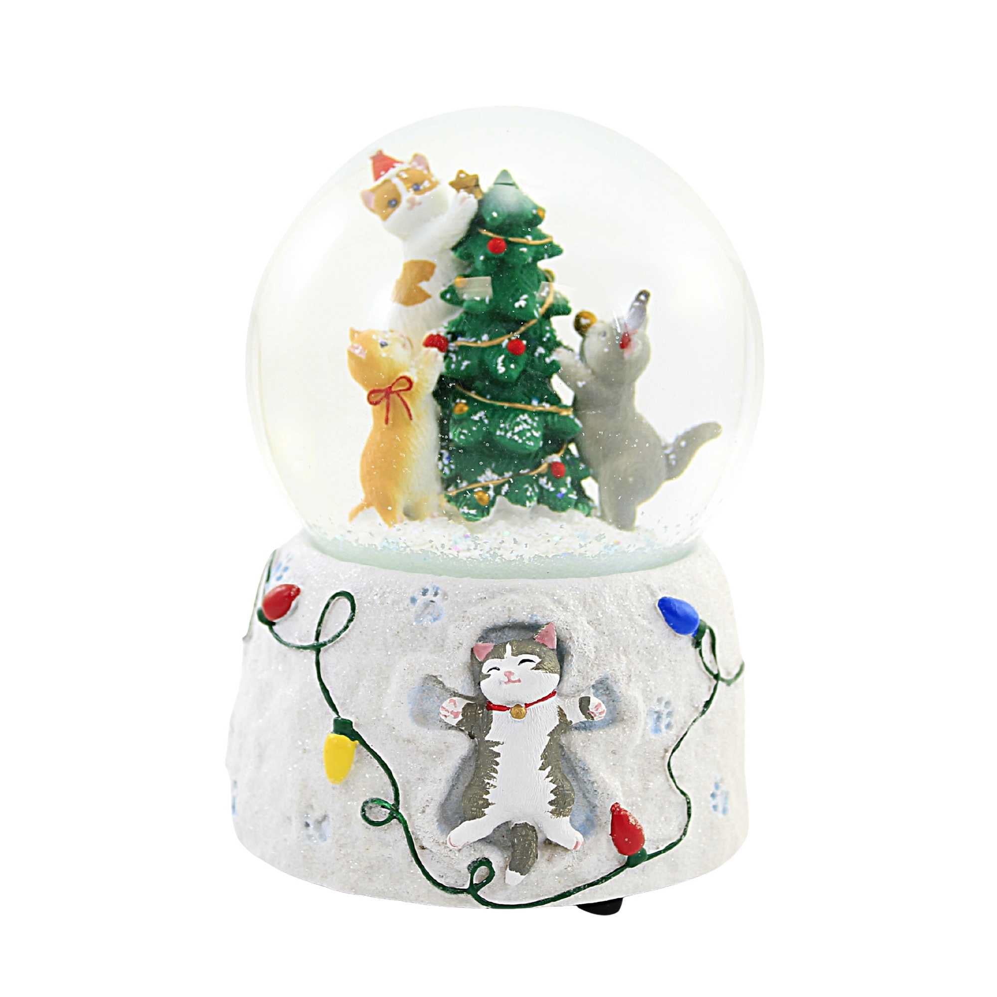 Christmas Kitties On Tree Glitterdome Glass Musical Snow Angels 135296