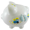 (11105) Bank Baby Boy Feet & Train Bank, 8.50 Inch, Ceramic Piggy Foot Prints Cr100bbfeet