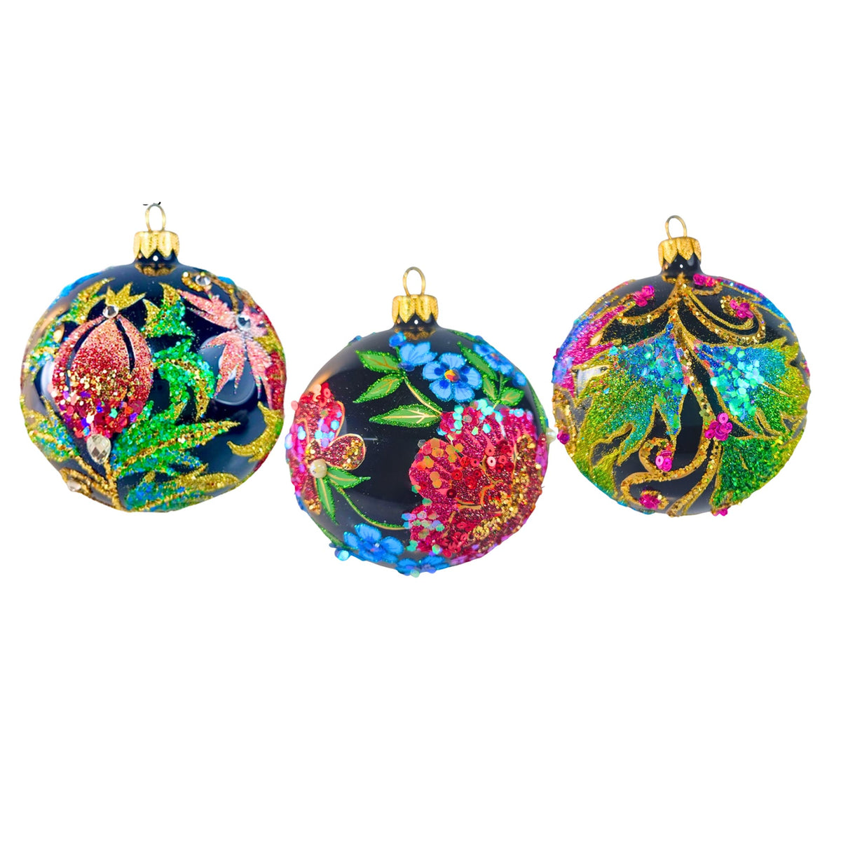 (63862) Pre-Order The Ornament King Ravenbloom 3 Pc Set, 4.00 Inch, Floral Ball Ornament Set 42025 Set