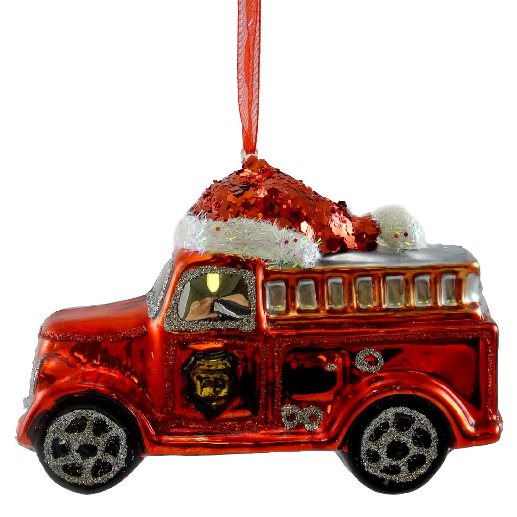 Holiday Ornament Santa Fire Truck Blown Glass Fireman Z4513 | SBKGifts.com