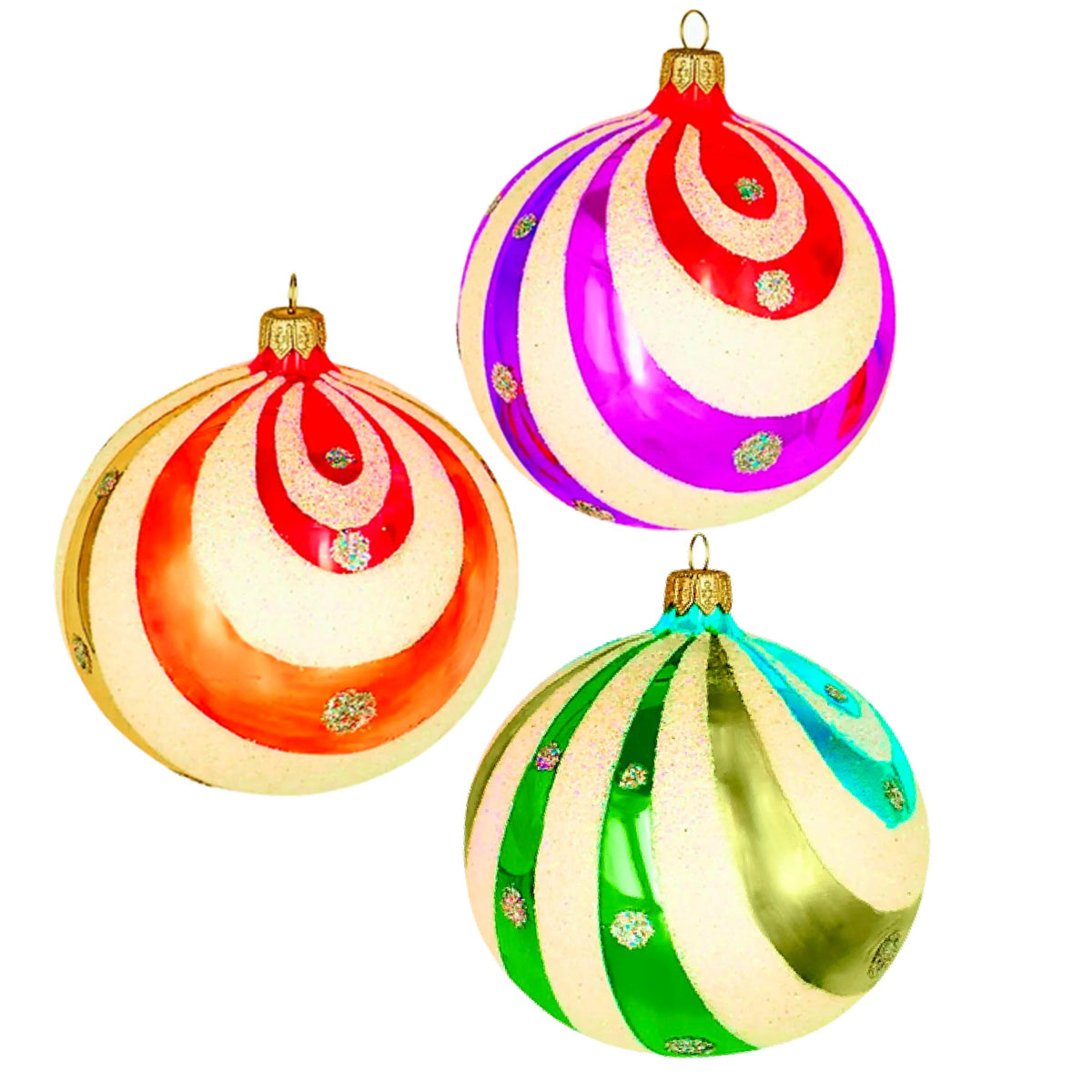 (63882) Pre-Order The Ornament King Swirly Brite 3 Pc Set, 4.00 Inch, Retro Ball Ornament Set 45002 Set