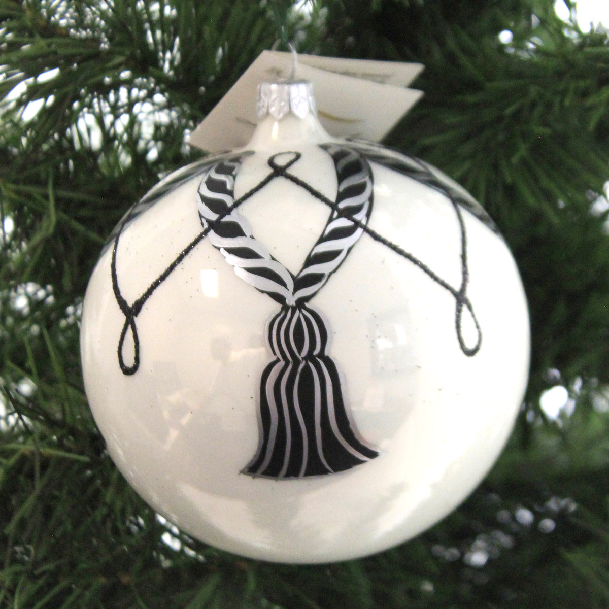 Laved Italian Ornaments White Ball Black Silver Tassels - - SBKGifts.com