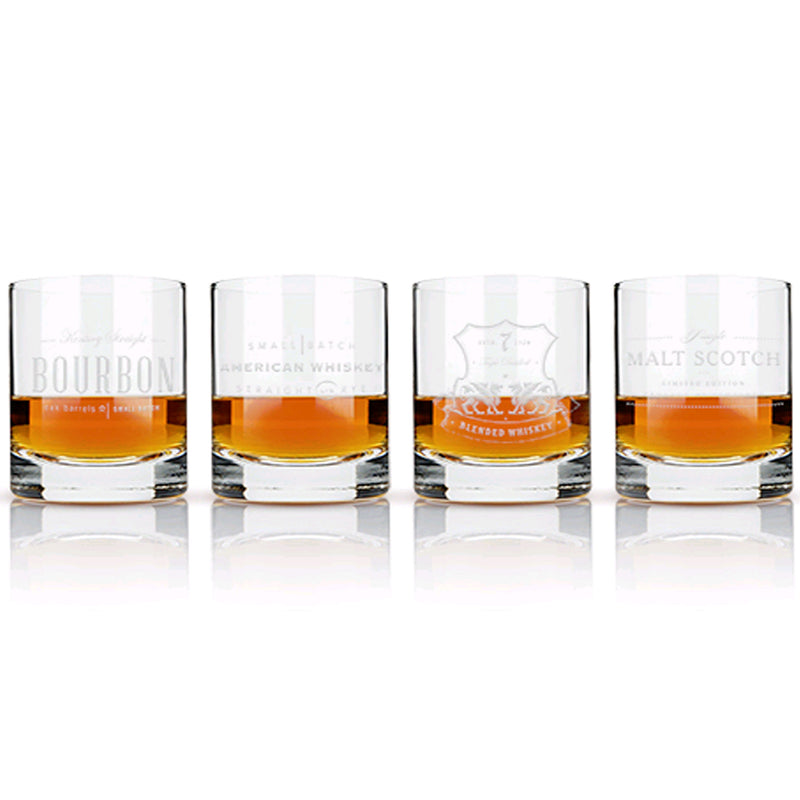 (27800) Home & Garden Whiskey Label Crystal Tumblers, 4.00 Inch, Etched Glasses Set/4 4508