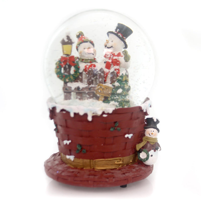 (29774) Christmas Musical Waterglobe, 5.75 Inch, Wicker Hat Picket Fence J3229 Snowmen