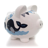 (32465) Child To Cherish Blue Double Whale Pig Bank, 7.75 Inch, Save Money Ocean 36856