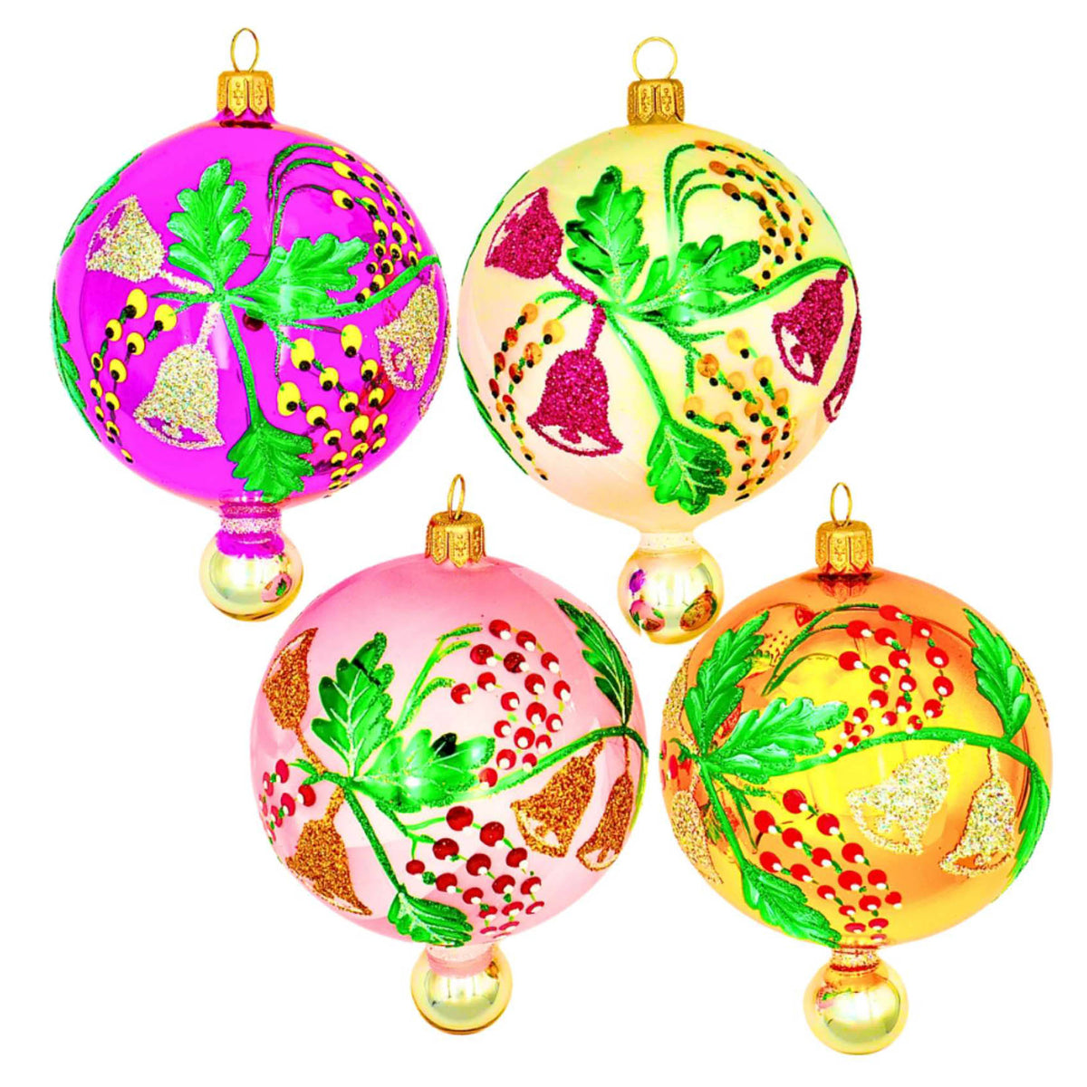 (63931) Pre-Order The Ornament King Berry Bells 4Pc Set, 4.50 Inch, Ball Drop Christmas Ornament Set 45004 Set