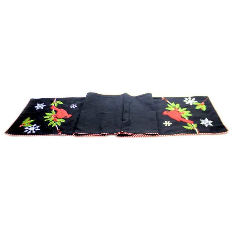 (42449) Christmas Black Table Runner W/Cardinal, 13.50 Inch, Embroidered Snowflakes 53127D