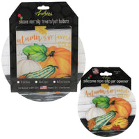 (51390) Tabletop Pumpkin Gourds Silicone Pads, 10.00 Inch, Pot Holder Trivet Jar Opener And110