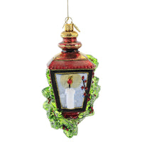 (52213) Huras Family Red Lantern & Evergreens, 6.50 Inch, Ornament Candle Berries Light S788