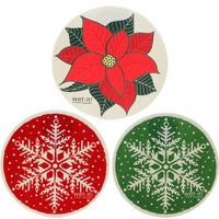 (52292) Swedish Dish Cloth Poinsettia Snowflakes Round, 9.25 Inch, Eco Friendly Wr1018*W1021*W1022