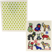 (52465) Swedish Dish Cloth Green Dots & Christmas Dogs, 7.75 Inch, Eco Friendly W1032*W446