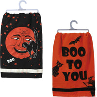 (53093) Decorative Towel Ornage Moon & Boo To You, 28.00 Inch, Halloween 100% Cotton Kitchel 101876*101875