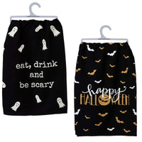 (53096) Decorative Towel Eat Drink Scary Happy Halloween, 28.00 Inch, Kitchen 100% Cotton Clean Up 106422*106614