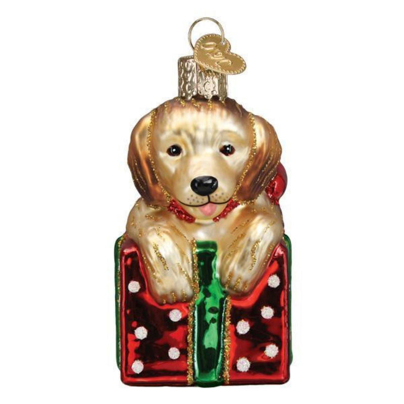 Old World Christmas Golden Puppy Surprise Glass Ornament Dog Present 12628 (53536)