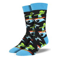 (54240) Novelty Socks Surfing The Galaxy, 16.00 Inch, Mens Crew Space Hang Ten Alien Mnc1860blk