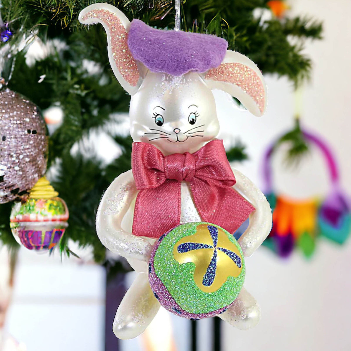 De Carlini Italian Ornaments Bunny With Striped Egg - - SBKGifts.com