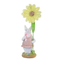 (55217) Easter Bunny In Pink Dress Figurine, 10.75 Inch, Glittered Daisy Flower 20372A