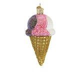 Old World Christmas Neapolitan Ice Cream Cone - One Ornament 4 Inch, Glass - Ornament Sugar Cone 32509 (56193)