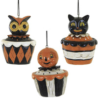 (56457) Holiday Ornament Halloween Cupcake, 3.25 Inch, Pumpkin Owl Black Cat J8916