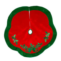 (56760) Christmas Holly Leaf And Bow Tree Skirt, 48.00 Inch, Red Green Glittered Leaves H5244