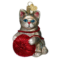 (57327) Old World Christmas Playful Kitten Grey/Red, 3.50 Inch, Ornament Ball Yarn 12614