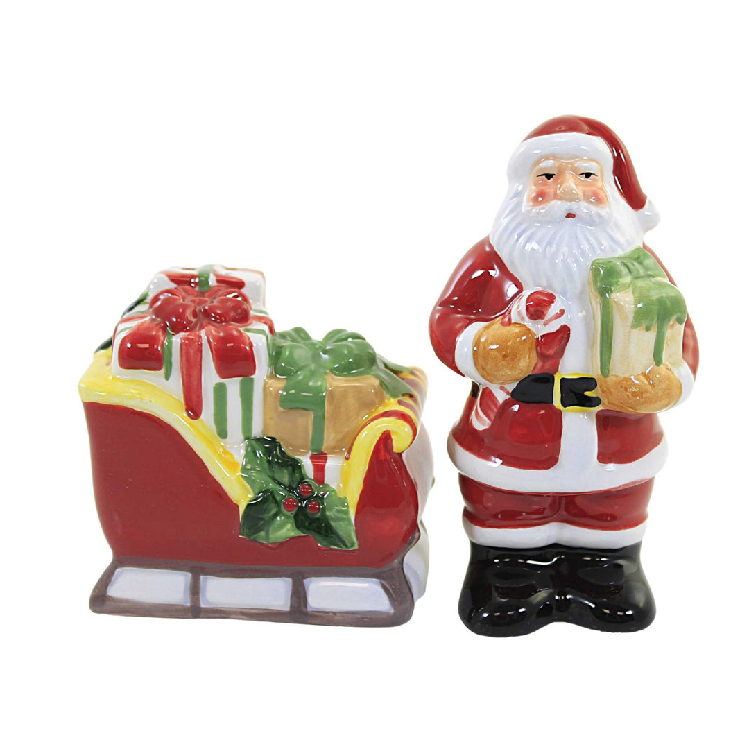 Tabletop Santa's Workshop S & P Set Ceramic Christmas Santa Sleigh