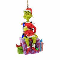 (59831) Jim Shore Grinch Sitting Present Wrapped, 4.50 Inch, Lights Ornament Dr. Seuss 6012709