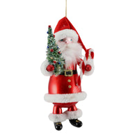 (60587) De Carlini Italian Ornaments Standing Santa With Tree & Candy Cane, 7.50 Inch, Mgd Ornament Free-Blown Mgd001