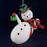 (60590) De Carlini Italian Ornaments Snowman With Gift & Candy Cane Sit Around, 5.75 Inch, Mgd Ornament Free-Blown Mgd004