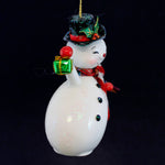 De Carlini Italian Ornaments Snowman With Gift & Candy Cane Sit Around - - SBKGifts.com