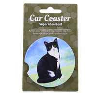 (60658) E & S Imports Black And White Cat Car Coaster, 2.50 Inch, Super Absorbent 2343