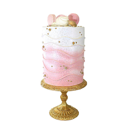 December Diamonds Pink Cake W/Macaron On Gold Pedestal - - SBKGifts.com