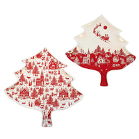 (61684) Transpac Tree-Shaped Toile Plates, 14.00 Inch, Santa Sleigh Reindeer Village Y7818