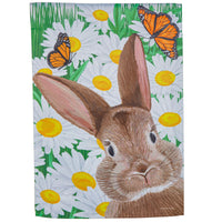 (61717) Evergreen Hello Bunny Suede Garden Flag, 18.00 Inch, Butterflies Daisies 14S11293