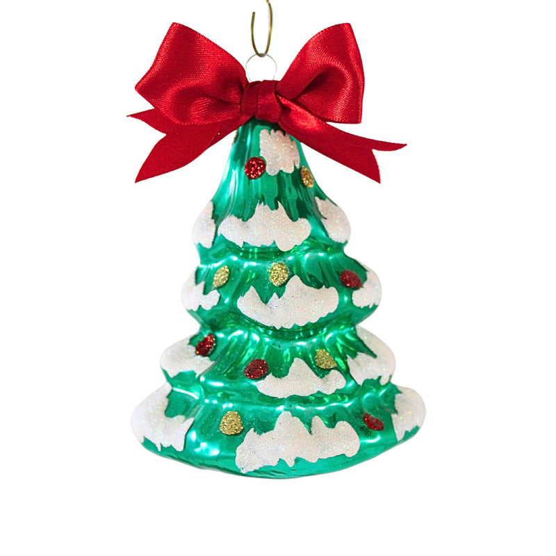 Craftoutlet.Com Snow Tipped Green Tree With Bow - One Ornament 4 Inch, Glass - Glittered Ornaments 11101 (62069)