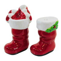 (62526) Tag Santa Boots S & P Shakers, 3.75 Inch, Christmas Candy Canes Holly G15794