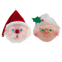 (62706) De Carlini Italian Ornaments Mr. & Mrs. Claus Heads, 5.50 Inch, Glasses Santa Handmade Bn396bn388