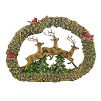 (62826) Roman Leaping Deer In Wreath, 11.00 Inch, Pine Cones Cardinals Fir Trees 136444