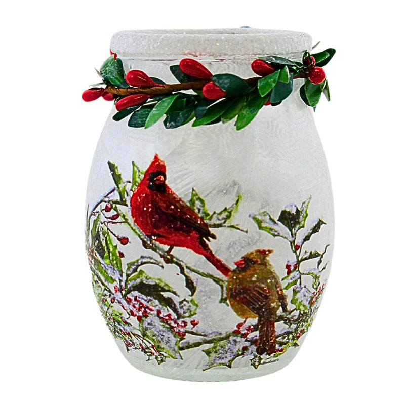 4.00 Inch Holly & Cardinals Pre-Lit Small Jar Berries Winter Glitter Mcc3280 (62954)