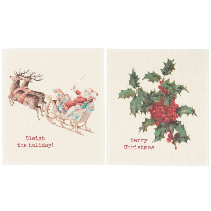 7.50 Inch Christmas Swedish Dishcloth Set Santa Claus Reindeer Holly 118279 (63552)