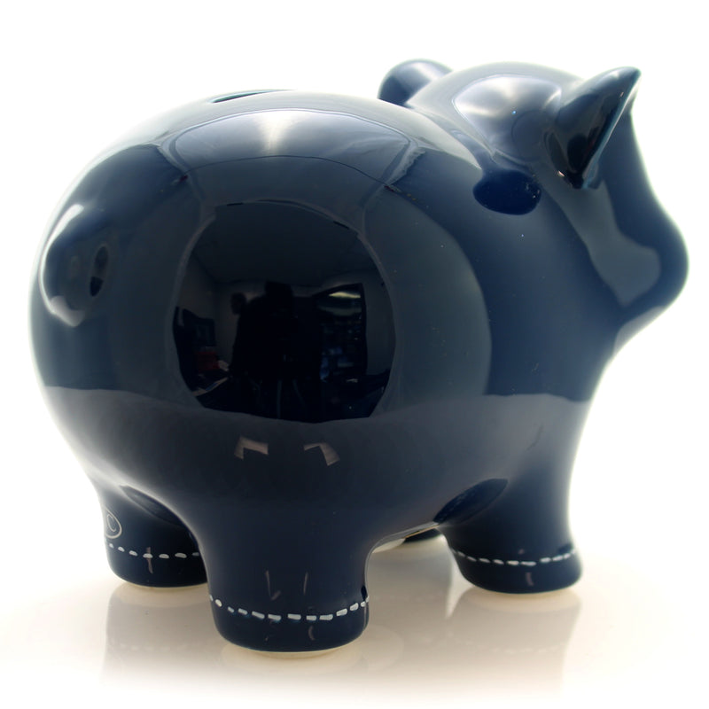 (7896) Bank Blue Piggy Bank W/ Stitching, 6.00 Inch, Ceramic Piggy Coins Savings 167758 Navy