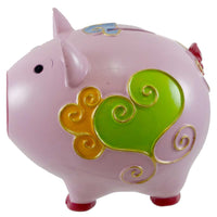 (7916) Bank Pink W/Hearts Piggy Bank, 5.50 Inch, Resin Piggy Girl 99567