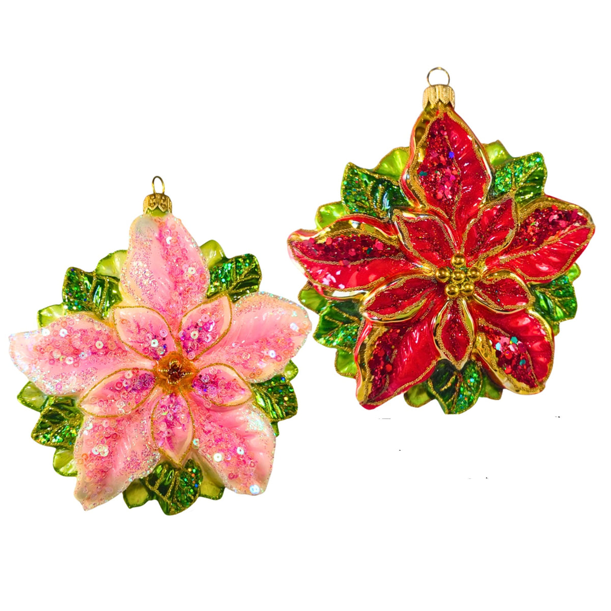 (63840) Pre-Order The Ornament King Bright Blossom 2Pc Set, 5.50 Inch, Poinsetta Flower Ornament Set 41007 Set