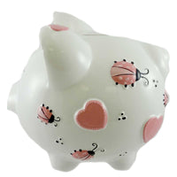 (8538) Bank Bank Lady Bug Hearts, 7.50 Inch, Ceramic Piggy Coins Cr100lb