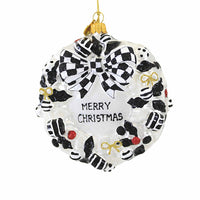 (Hur694vbw) Huras Family Black And White Delight Merry Christmas Wreath, 4.50 Inch, Ornament Checkered Patterned Bw694v